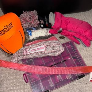 Set of ice fishing gear. hat, youth xl mittens, ice rod sleeve, tack kit